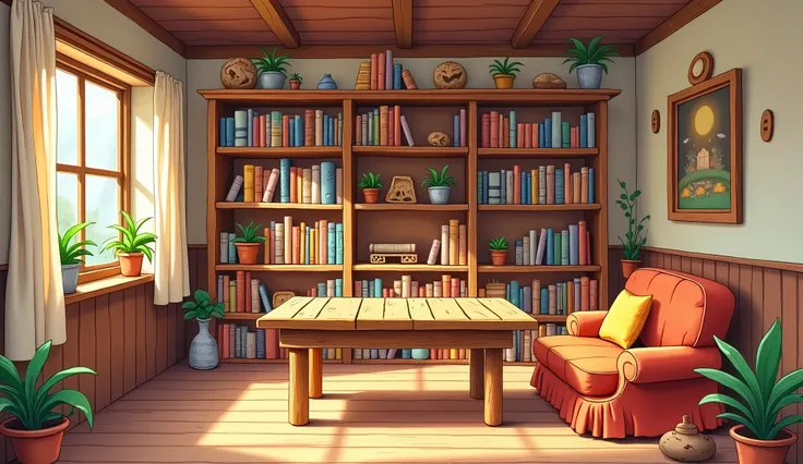 cartoon image of a room with a wooden table and bookshelf