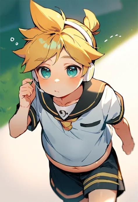 1 boy, (male child), (Kagamine Len), (cute), school uniform, earphone, belly exposed, running on a sports field, huffing and puffing, feeling tired