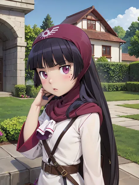 (ruri gokou), 1 Female, solo, (dqPOM), red hood, Robe, purple hood,  Hime cut, Black Hair, Long Hair, mole, blush, Red ribbon, garden, full body