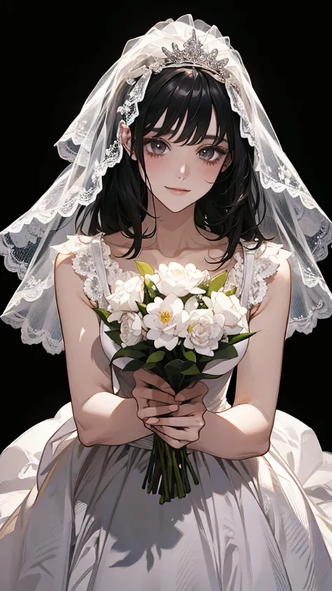 wedding，Bride in white wedding dress holding flowers，Smile，Perfect face，Black Hair，Perfect face，Full body portrait