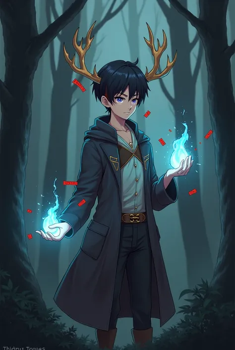 An 1 man, with 2 magic horns, that are not physically attached to the head, the antlers appear to be those of a deer, and they are blue and white, short hair in black and orange colors, with a very light skin color, the color of your eyes are violet, in hi...