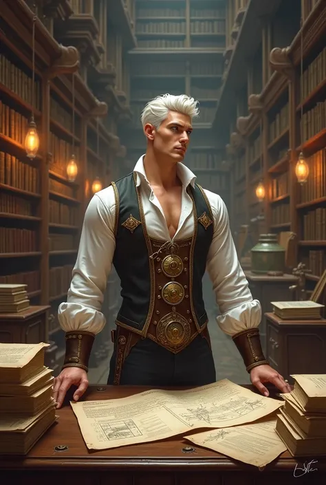 Grand Library of Inventions
"In the grand library of a steampunk city, filled with shelves of leather-bound books and intricate blueprints, a tall, lean, and muscular man with smooth white skin stands confidently at a large oak table. His short hair is sty...