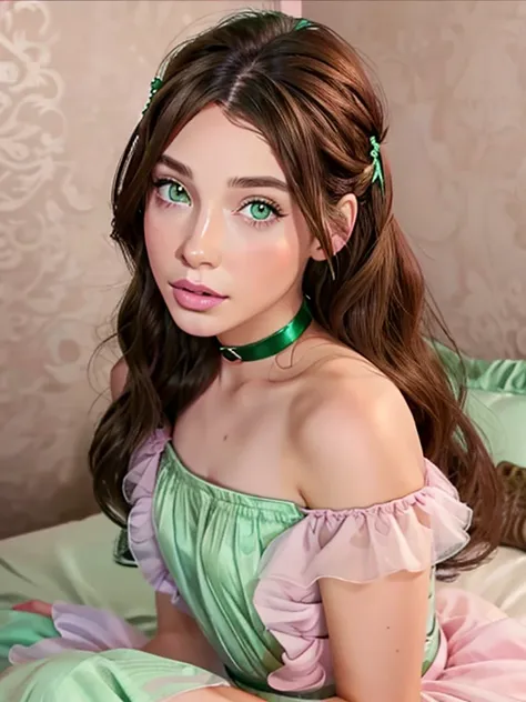 long hair, brown hair, 1 girl, emerald green eyes, wave with two fingers, pink lips, pastel green dress,