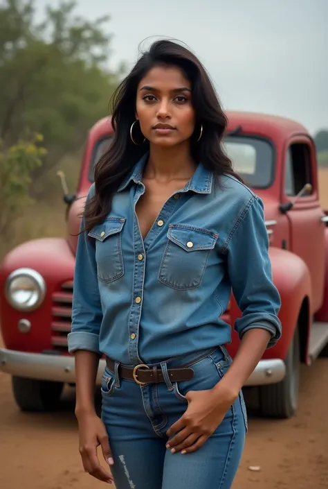 Horse tamer, with a round, somewhat square face, de 1.58 meters tall, brown skin, dark brown eyes, medium hair, dark brown, weighing 72kg, blue denim shirt, denim jeans, 5, woman, beautiful, 30 year old woman with very dark dark brown skin, indian from ind...