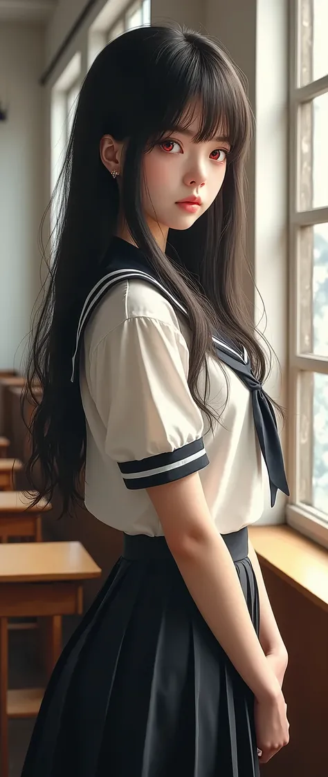 A beautiful girl with red eyes wearing a white sailor uniform is standing by the window in the classroom.