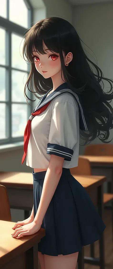 A beautiful girl with red eyes wearing a white sailor uniform is standing by the window in the classroom.