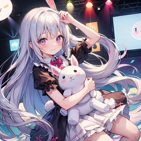 One girl, Long Hair, Look at, smile, I have a stuffed rabbit