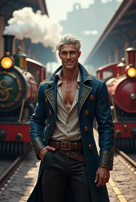 Magical Train Station
"At a bustling magical train station where steam and magic intertwine, a tall, muscular man with flawless white skin stands confidently on the platform, waiting for the next train. His short hair is tousled by the wind, and he wears a...