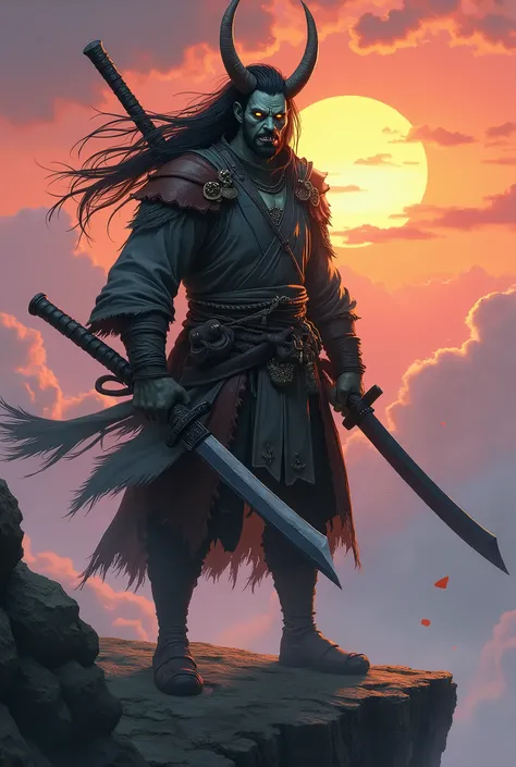 A Ronin warrior, man, with long black hair and flaming brown eyes, standing on a windswept cliff at noon. His grayish-green skin bears distinct oni features., including elongated, curved canine teeth and two prominent horns. He confidently holds a crude fi...