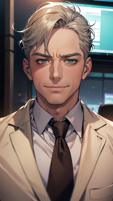 a middle-aged man with beautiful skin, a very handsome face, an impassive yet passionate smile, short brown and gray hair, sharp green eyes, a perfect face, a businessman, CEO, in an office background, cinematic lighting, HDR image, usando óculos.