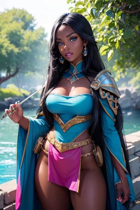 1girl, cute woman, ebony girl, dark skin, medieval fantasy, RPG, beautiful girl, soft face, bard, adult, cute girl, blue eyes, (black medium-long hair), lips, (colorful fantasy bard clothing), cyan and pink clothing, slim body, smaller , Masterpiece, bigge...