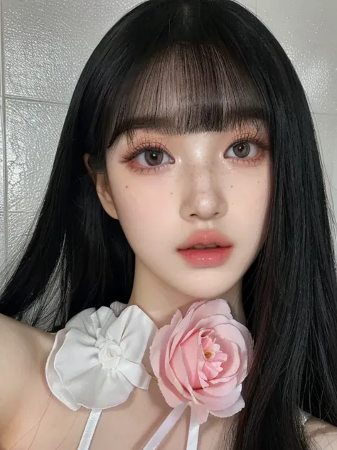 a close up of a woman with long black hair and a flower in her hair and green cian eyes, popular south korean makeup, ulzzang, k...