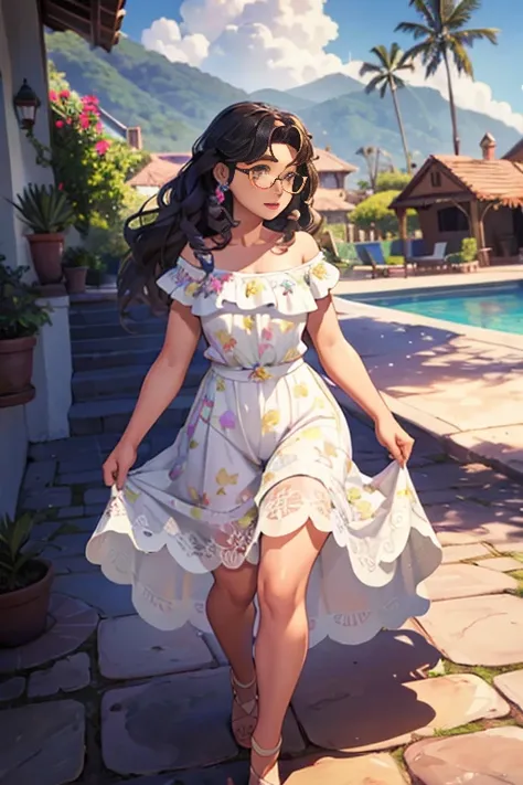 Pretty girl full body, big breasts, small waist, Disneys Encanto House in the background, glasses, Mirabel Madrigal of Encanto, short stature, long curly hair, Alone, sexy, busty, voluptuous hot sunny summer day, very long down loose hair down to her hips,...