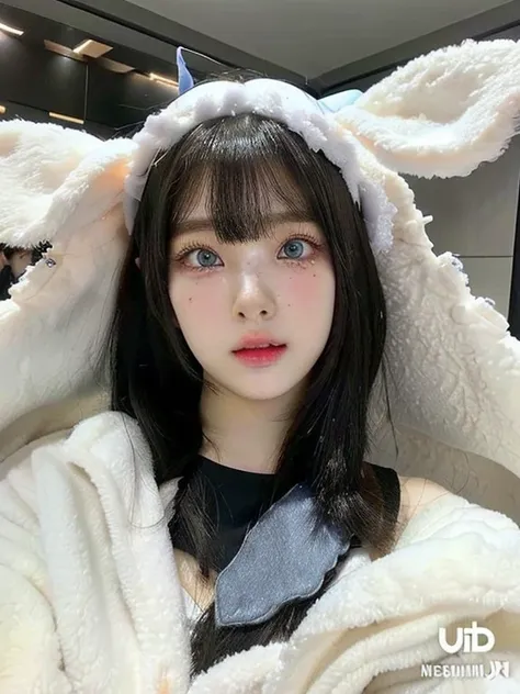 a close up of a person wearing a bunny ears costume and blue like eyes, ultrarealistic sweet bunny girl, lalisa manobal, with lo...