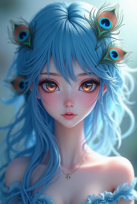 Girl with blue-pink hair and peacock feathers, inspired by Nari Hiko-kun, CGSOCIETY, 🌺 anime style. 8K, anime style 3D, popular on CGSTATION, 8K high quality detail art, Guvez style artwork, fantasy art style, realistic anime 3D style, anime inspiration, a...