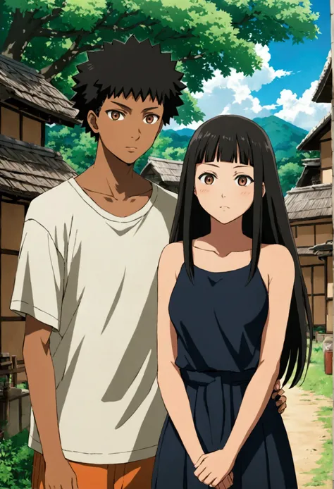 a black teenage couple, he with curly hair and she with straight hair in the village of Konoha from the anime Naruto