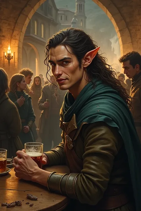 Hyper detailed gouache painting of a handsome elf, male, drinking in a crowded medieval tavern, playful smile on his face, [hyper realistic], handsome, 1 boy, chiseled features), (dark magic: 1.2), mature, warm illumination, knight costume, natural glossy ...