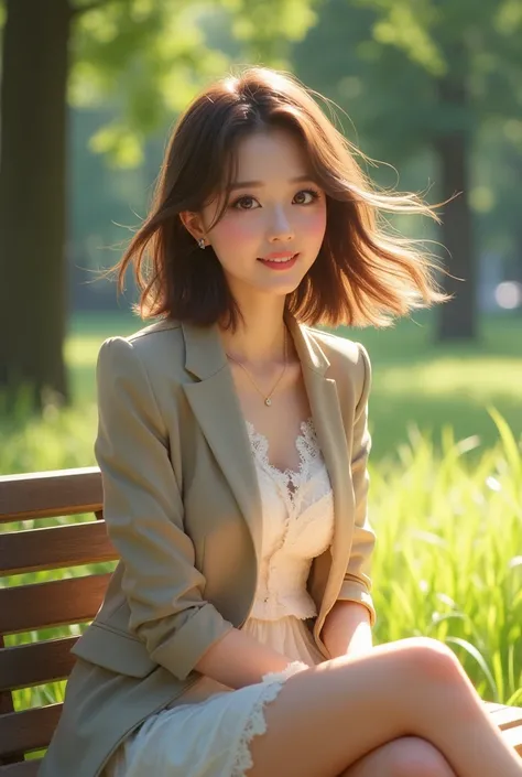 sunny day, graceful photo of a girl in a Blazer Dress, (puffy eyes:1.05), (white lace shirt), platinum brown hair, (angled bob:1.4), flat bangs, (flowing hair), smile slightly, happy, happiness, high detailed skin, skin pores, stunning innocent symmetry fa...