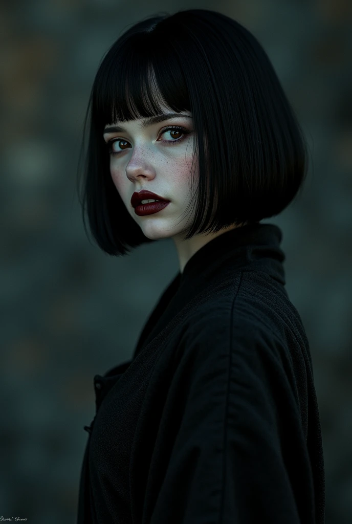 (High quality: 1.3), cinematic shot, masterpiece, (sharp focus: 1.5), (photorealistic: 1.3), medium portrait of (a beautiful young vampire woman, pale skin, gothic, still proud and fierce, straight black short bob hair, dark look, dressed in a highly detai...