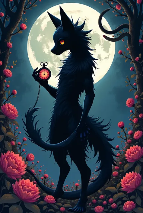 (best quality, high resolution, ultra-detailed)silhouett(kemono, furry anthro)holding striking pocket watch, surrounded by flowers, snakes and darkness, illustrative rendering, intricate details, mysterious atmosphere, vibrant colors, dynamic lighting , Go...