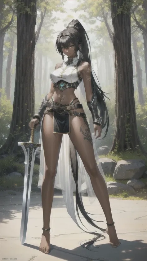  long black hair, ponytail, dark skin, Big breasted woman，female warrior，Silver armor revealing clothes，Bare arms，slim figure，Tattoo，Bare waist，Bare legs，barefoot，Broadsword，forest