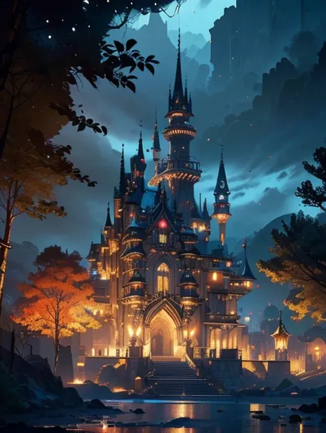 a grand fantasy castle, ornate architecture, sweeping towers, intricate details, medieval style, cinematic lighting, dramatic shadows, vivid colors, lush environment, mystical atmosphere, (best quality,4k,8k,highres,masterpiece:1.2),ultra-detailed,(realist...