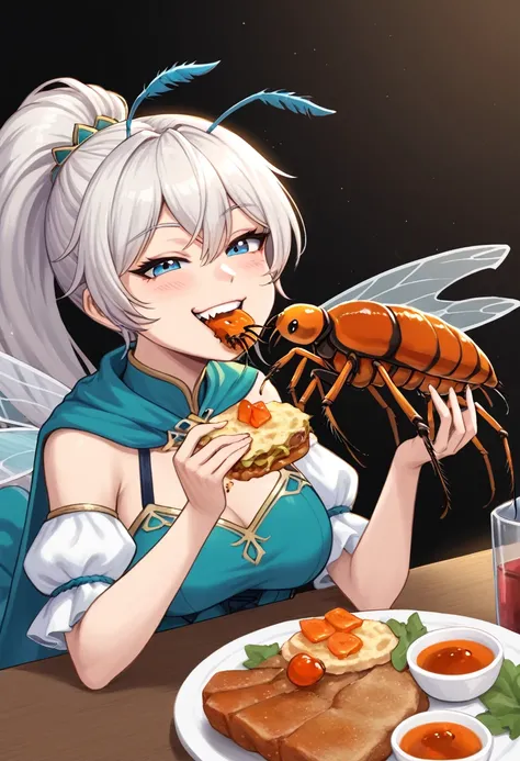 1girl, Sitting Girl, meal, (Eating small insects:1.3), smug_ness, fantasy_clothed, teeth, close_up of body, (Biting off insects:1.3), 🦗