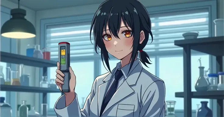 scientist with black hair and orange eyes holding a pH meter