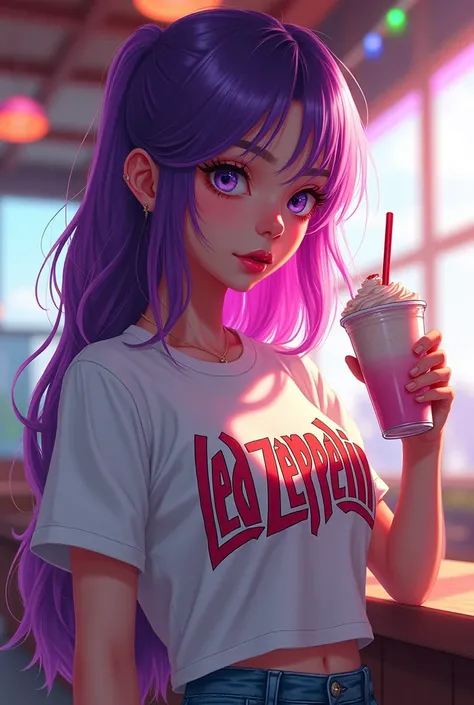 anipoma1,(masterpiece, best illustration, best manga), solo, 1girl, violet eyes, (shiny skin, soft hair), (holding a milkshake), freckles, (bright pink two tone hair:1.3), (wearing a led zepplin tshirt, denim jeans), (extreme light and shadow, volumetric l...