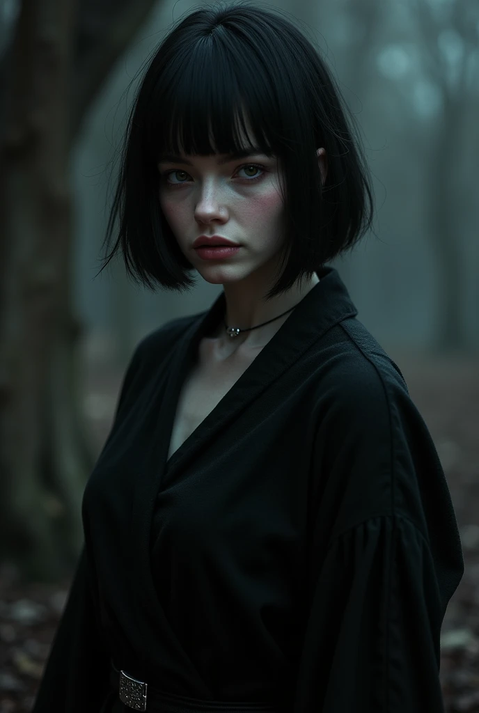 (High quality: 1.3), cinematic shot, masterpiece, (sharp focus: 1.5), (photorealistic: 1.3), medium portrait of (a beautiful young vampire woman, pale skin, gothic, still proud and fierce, straight black short bob hair, dark look, dressed in a highly detai...