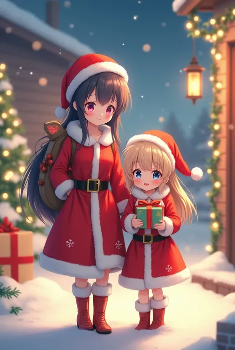 Anime mother and daughter in Santa Claus costumes delivering gifts