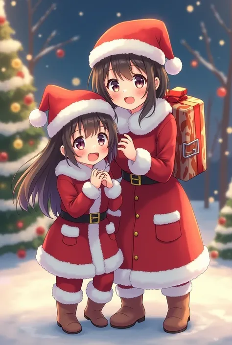 Anime mother and daughter in Santa Claus costumes delivering gifts