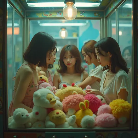 Live-Action, Real, 5 [Sexy] Tiny JK Girls becomes a prize in a crane game, Trapped in Crane Game machine, learning on stuffed dolls, (RAW PhotoRealistic:1.6), Specular Reflection, Different types of hair colors, Frustrated amusement facility