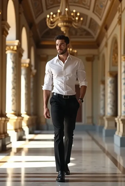 Young handsome man in white shirt and black pants full body walking in a palace 