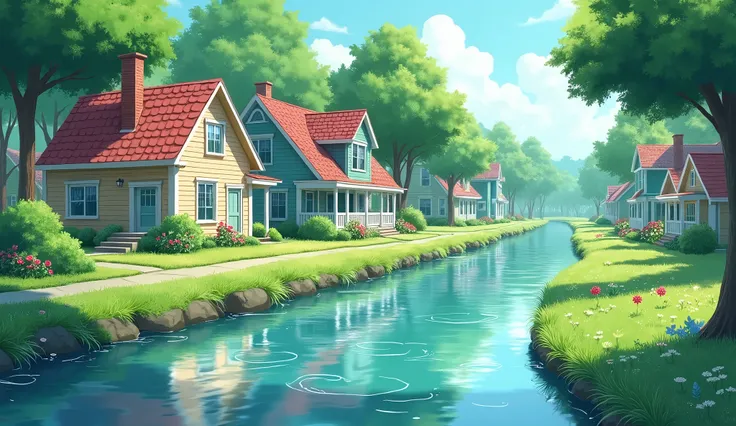 Um small rio que passa nos fundos de uma casa com traços de anime, only one side has houses, let american standard show only the bottoms of the houses, small, typically American and suitable for children to play 