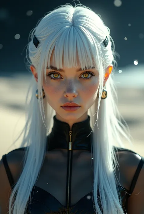 absurdres ,masterpiece, HQ, 4k, HDR, best quality, 1girl at center screen with beautifulface, white_hair. (black costume:1.2),deep dark, bangs, breasts, eyebrows_visible_through_hair, hair_ornament, light_particles, long_hair, looking_at_viewer, medium_bre...