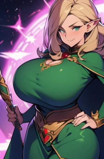 milf anime, elf from the waist up with big breasts and a green cape and a magic bow and arrow ( with clothes)