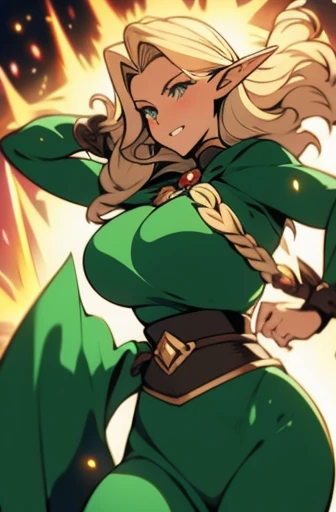 milf anime, elf from the waist up with big breasts and a green cape and a magic bow and arrow