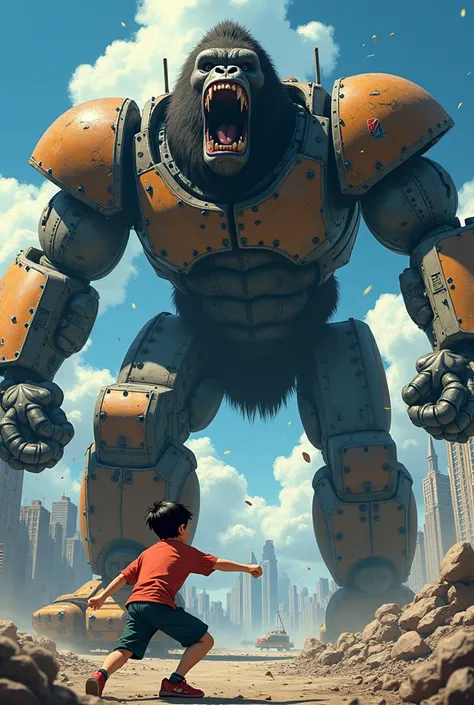 Have a male high school student punch a giant robot. in anime style. The giant robot holds King Kong in one hand