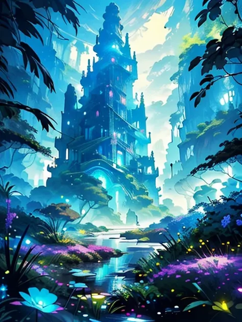 a highly detailed dream-like fantasy world, bright neon colors, midnight atmosphere, surreal landscape, glowing plants, floating islands, magical creatures, intricate architecture, luminescent mist, otherworldly lighting, ethereal atmosphere, ultra-detaile...