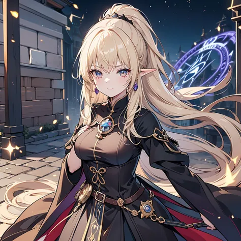 Eye patch、Witch costume、elf、grimoire、magic circle、Long Hair, chest, Blonde, ponytail, Pointy Ears, best quality, Snap your fingers、One Woman, Detailed face, Soft Lighting, Soft Light, Soft Focus, Perfect Face, Beautiful and accurate anatomy, Expose too muc...