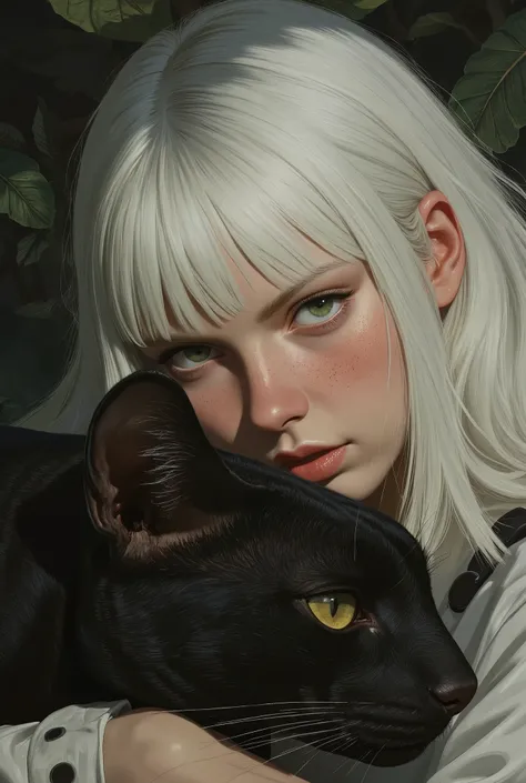 mj_anime_portrait of a woman with straight silver hair, her gaze intense as a black panther rests by her side, the dark jungle background enhancing the mystery.