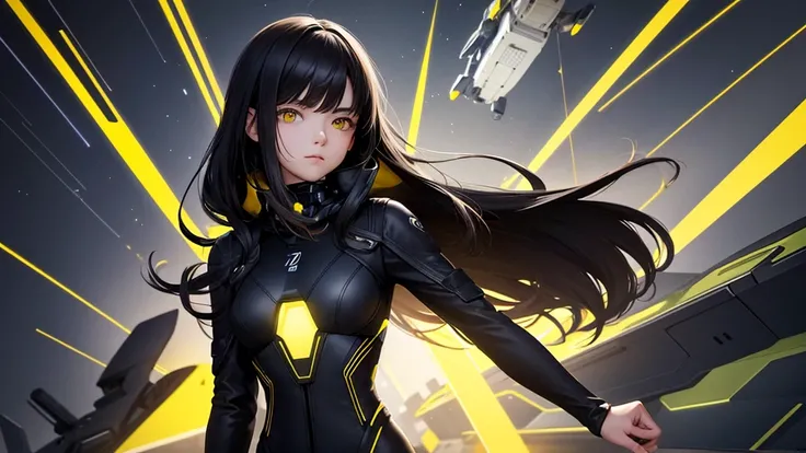 from the future intelligence, background tech, confident look, space black pioneer dress, yellow eyes, dark hair