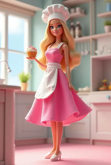 create a perfect 3D image of Barbie, with a pink dress and white apron, a chefs hat and a cupcake in her hand, full body