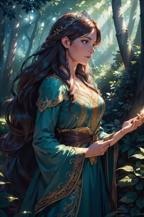 a beautiful detailed woman in a magical enchanted forest, long flowing hair, elegant dress, (best quality,4k,8k,highres,masterpiece:1.2),ultra-detailed,(realistic,photorealistic,photo-realistic:1.37),intricate details, cinematic lighting, dramatic moody li...