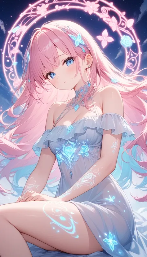 Anime screenshots、 Artistic anime illustration of a woman adorned with glowing neon magical tattoos covering her entire body and face。 Tattoos on arms and legs are a mix of pink and white, Blue and white runes.、Emits neon light。 She has been a long time, F...