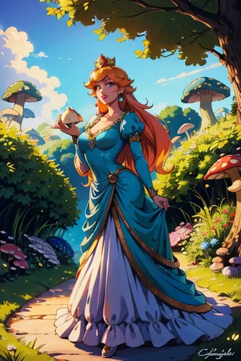 a girl dressed as Princess Peach from the Mushroom Kingdom, mushroom kingdom landscape, highly detailed, intricate, fantasy, digital painting, cinematic lighting, vibrant colors, beautiful detailed face, beautiful detailed eyes, beautiful detailed lips, lo...