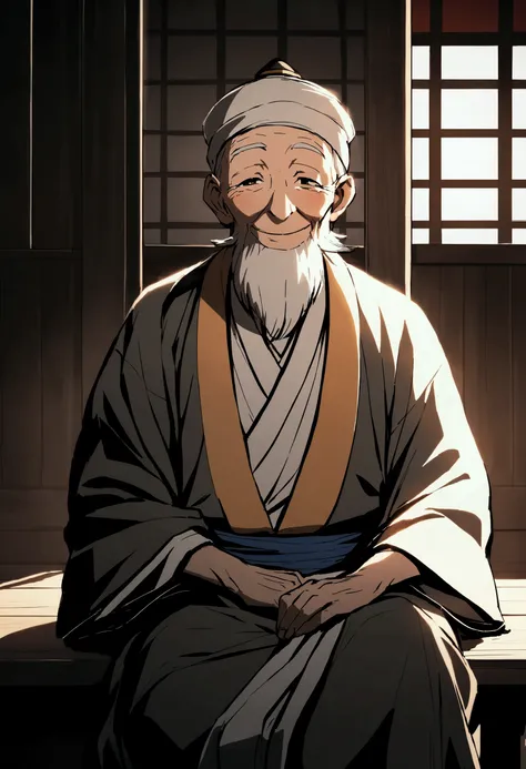 Mbah Semar: An elderly wise man in traditional clothing, sitting in a village pavilion with a smile.