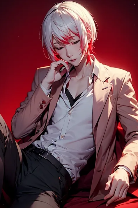 1boy, male focus, solo, parted lips, closed eyes, hopeless expression, holding small present, unpinned collared shirt, visible collarbone, crossed legs, jacket, pants, shirt, white hair with red tips, pastel colors, dark ambient background