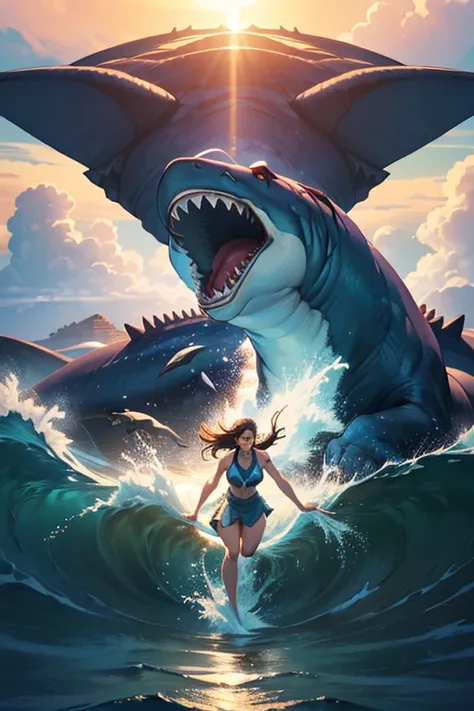 1girl, megalodon shark, prehistoric creature, emerging from ocean depths, realistic, photorealistic, highly detailed, hyper realistic, cinematic lighting, dramatic lighting, volumetric fog, churning ocean waves, sunlight streaming through water, awestruck ...